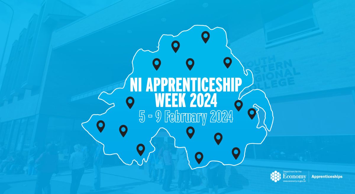 Picture of Lisburn Campus with Blue Overlay and NI Apprenticeship Week 2024 logo and Department for the Economy Logo